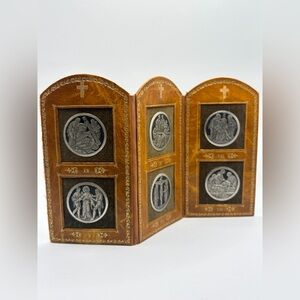 Vintage Stations of the Cross Leather Folding Panel with Medals Christian Travel